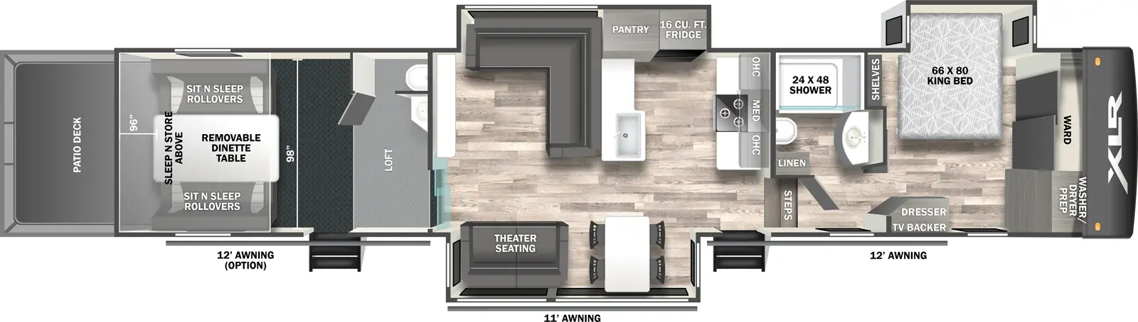 The 41G14 has three slideouts, two entries, and one rear ramp door. Exterior features front generator prep, 12' and 20' awnings, 40 gallon fuel tank, and ramp door patio deck. Interior layout front to back: wardrobe with shelves and washer/dryer prep, and off-door side king bed slideout; off-door side full bathroom with shelves and linen closet; steps down to main living area and entry; counter and overhead cabinet along inner wall; kitchen island with sink; off-door side slideout with cooktop, microwave, overhead cabinet, shelves, and refrigerator; door side sofa slideout; angled entertainment center with fireplace and pantry along inner wall; rear garage with second entry, off-door side room with shower, sink, and rear opposing sit n sleep rollovers with removeable dinette table and sleep n store above; loft above rear shower and part of garage. Garage dimensions: 14 foot 6 inch from rear to front garage wall; 98 inches from side to side; 96 inch rear ramp door entry.